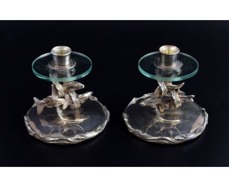 Pair of modern silver and glass candlesticks cast as swimming trout among water weed, by Leslie Gordon Durbin, London, 1973, 