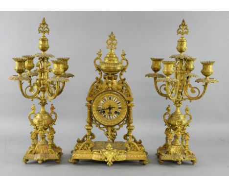 Gilt metal twin train mantel clock 42 x 25 cm       
