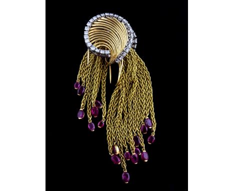 Gold, diamond and ruby tassel brooch, with a wire work top, round brilliant cut diamonds in a loop in loop chain tassels, wit