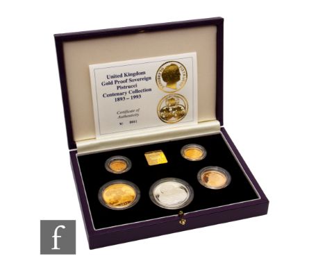 Elizabeth II - A 1990 half sovereign to five pound four proof Pistrucci Centenary collection coin set, with silver medal and 