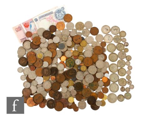 George V to Elizabeth II - Various half crowns, florins, shillings, threepences, nickel, copper and foreign coinage and bankn