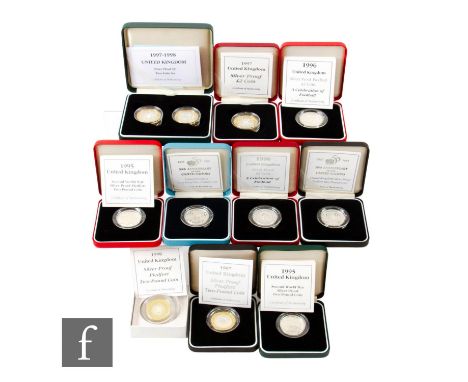 Elizabeth II - Two 1995 silver proof Piedfort two pound coins, three silver proof two pound coins, a 1996, 1997 and 1998 Pied