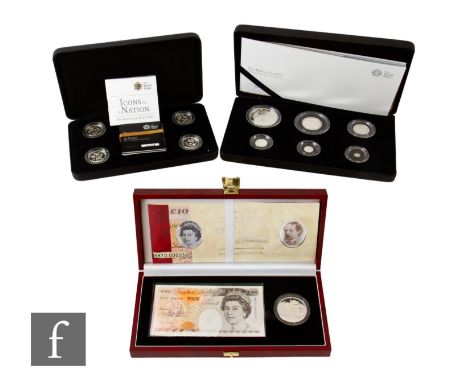 Elizabeth II - A Royal Mint 2013 floral one pound Piedfort four coin set with certificates and booklet, a Britannia 2019 six 