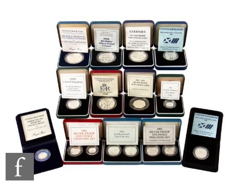 Elizabeth II - Various Channel Islands two pound silver Commemorative coins various subjects, a 1992 ten pence two-coin set, 