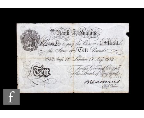 Banknote - A Bank of England white ten pound note, 18th August 1932, B.S Catterns, serial no K (142) 24621, operation Bernhar