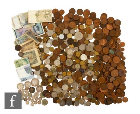 Various - A Morgan dollar 1921, rupees 1916 and 1940, banknotes, other silver and foreign coins and nickel and copper coinage
