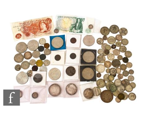 Victoria - A 1887 double florin, a half crown, a shilling, a sixpence, a threepence, a 1889 crown, a 1836 groat, a 1935 crown