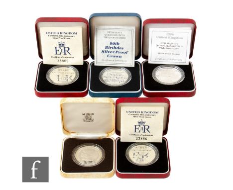 Elizabeth II - Five cased five pound silver proof crowns to commemorate Queen Mother 90th birthday, two Coronation 40th anniv