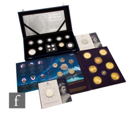 Elizabeth II - A Queen's 80th Birthday collection set of thirteen silver proof coins, a set of gold plated coins In Memory of