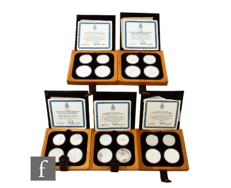 AMENDED DESCRIPTION Elizabeth II - Five Canadian Olympics 1976 ten and five dollar silver proof coin sets, 67g, each in a fau
