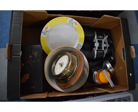 A Box Containing Praktica 50x50 Zoom Binoculars, Vintage Torch, Aneroid Barometer, Lacquered Oriental Box etc 