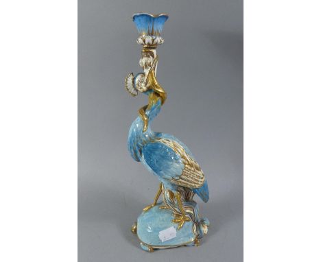 A Early/Mid 20th Century English Candlestick in the Form of a Blue Crane Standing Upon Turtle with Fish in Beak Supporting Ca