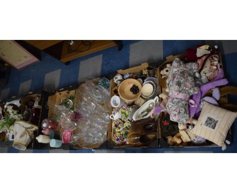 Five Boxes Containing Various Ceramics, Posy Ornaments, Rag Dolls, Glasswares, Table Lamp, Mantle Clock etc 