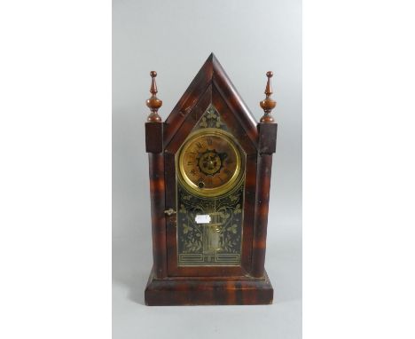 An American Mantle Clock of Architectural Form with Gilt Decorated Glass Door, 40.5cm High, Working Order 