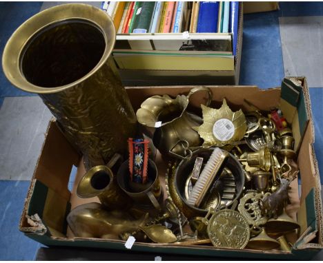 A Box Containing Various Brass Ornaments, Jugs, Stick Stand etc 