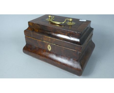 A Mid 19th Century Sarcophagus Shaped Burr Walnut Inlaid Tea Caddy with Brass Carrying Handle, Now with Blue Satin Liner, 25c