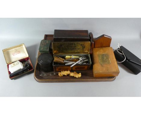 A Tray Containing Various Treenware Boxes, Vintage Shavers, CRS Tin, Cribbage Board, Hair Clippers etc 