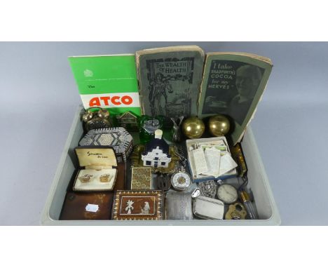 A Collection of Curios to Include Cigarette Cards, Pocket Watch, Cigarette Case, Various Boxes, Alarm Clock, Table Lighter, B