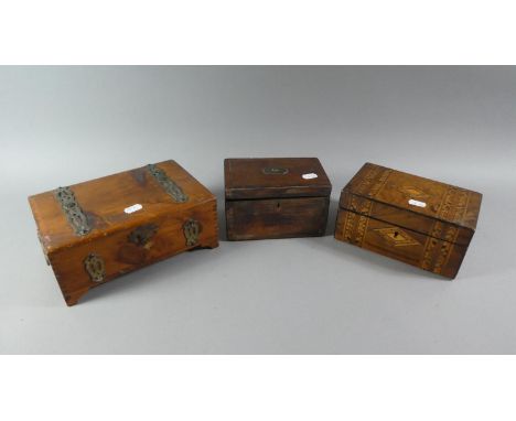 A Collection of Three Wooden Boxes to Include Banded Inlaid Example, Two Division Tea Caddy and Brass Mounted Cigar Box 