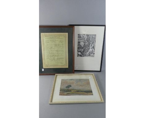 A Framed Russian Certificate Together with a Framed English Watercolour and a Albrecht Durer Melencolia I Print