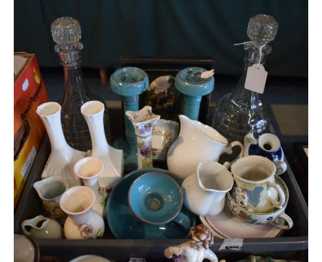 A Tray of Ceramics and Glassware to Include Pair of Decanters, Candle Sticks, Bedchamber Stick etc 