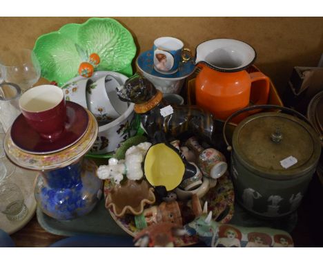 A Tray Containing Various Ceramics to Include Green Jasperware Biscuit Barrel, Various Jugs and Bowls, Royal Worcester, Dog O