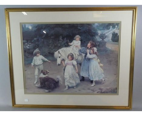 A Framed Arthur Elsley 1908 Print Depicting Children Playing with Pony and Dog, 78cm Wide 