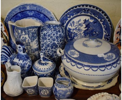 A Collection of Blue and White China to Include Willow Pattern, Flow Blue Plate, Lidded Tureen, Copeland Spode Italian Milk J