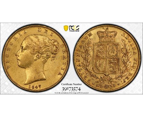 UNITED KINGDOM. Victoria, 1837-1901. Gold sovereign, 1847. London. First young head of Victoria facing left, hair tied in fil