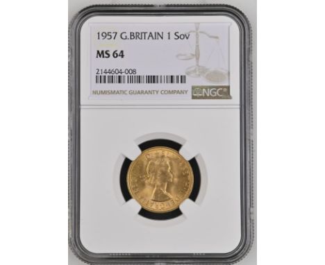 UNITED KINGDOM. Elizabeth II, 1952-2022. Gold sovereign, 1957. Royal Mint. First, laureate head of Elizabeth II facing right;