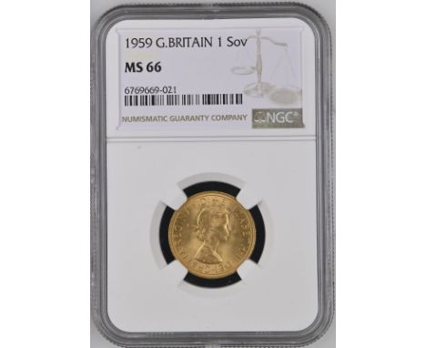 UNITED KINGDOM. Elizabeth II, 1952-2022. Gold sovereign, 1959. Royal Mint. First, laureate head of Elizabeth II facing right;