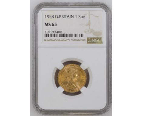 UNITED KINGDOM. Elizabeth II, 1952-2022. Gold sovereign, 1958. Royal Mint. First, laureate head of Elizabeth II facing right;