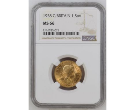 UNITED KINGDOM. Elizabeth II, 1952-2022. Gold sovereign, 1958. Royal Mint. First, laureate head of Elizabeth II facing right;