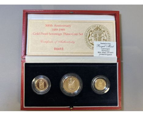 UNITED KINGDOM. Lot of 3 gold coins.Coin 1: Elizabeth II, 1952-2022, 2 Pounds (Double Sovereign) 1989. Royal Mint. Proof. 500