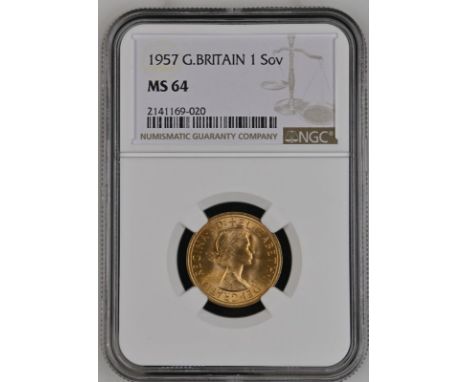UNITED KINGDOM. Elizabeth II, 1952-2022. Gold sovereign, 1957. Royal Mint. First, laureate head of Elizabeth II facing right;