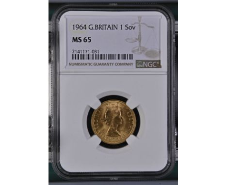 UNITED KINGDOM. Elizabeth II, 1952-2022. Gold sovereign, 1964. Royal Mint. First, laureate head of Elizabeth II facing right;