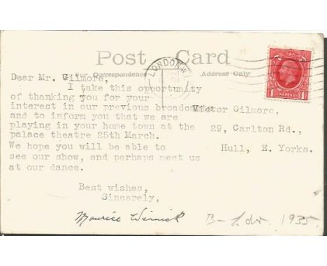 Maurice Winnick signed on reverse of vintage postcard  English musician and dance band leader of the British dance band era. 