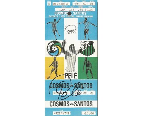 Repro Cosmos v Santos 1977 match ticket signed by Pele. Good condition. All items come with a Certificate of Authenticity and