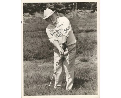 Charlie Drake signed 10x8 b/w photo of him playing golf.  Dedicated to Jim Good condition. All items come with a Certificate 