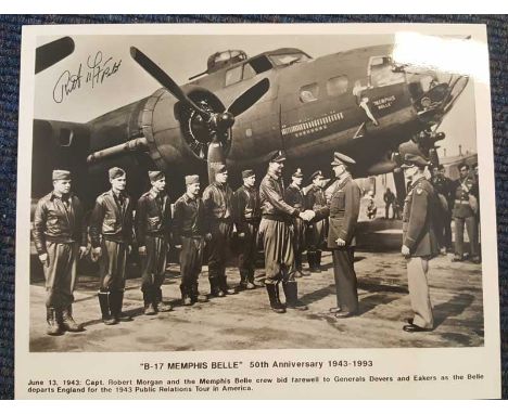 Captain Robert Morgan signed Memphis Belle photograph. Black and white 8x10 photograph of the Memphis Belle crew bidding fare