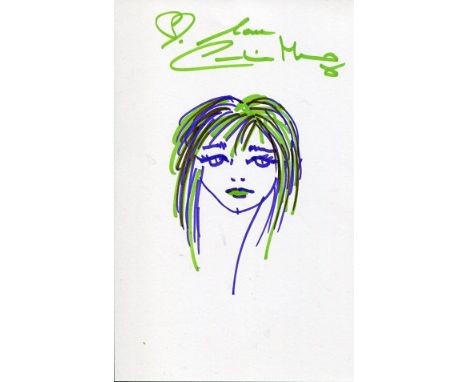 BOND GIRL SELF PORTRAIT: 8x5 inchwhite card with self portrait drawn and signed by Bond girl Caroline Munro Good condition. A