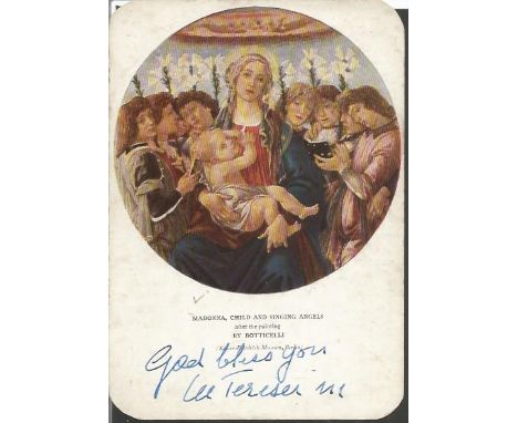 Mother Teresa autographed postcard. Very, very rare vintage religious postcard of Madonna, Child and Singing Angels by Bottic