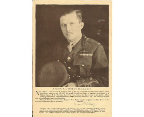 Lt Colonel W A Billy Bishop VC Great War ace signed portrait page from his  book Good condition. All items come with a Certif