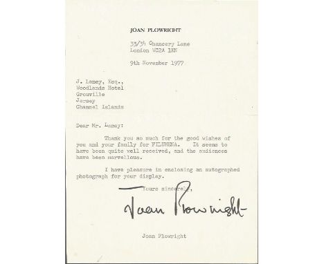Joan Plowright typed signed letter TLS dated 9th Nov 1977. Dame Joan Plowright, is an English retired actress whose career ha