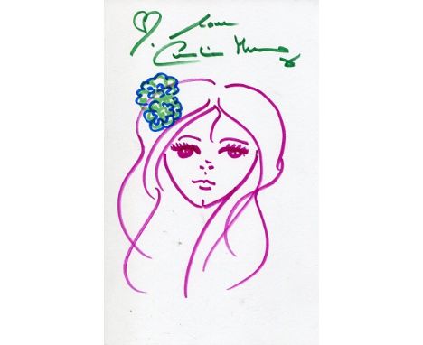 CAROLINE MUNRO ART: 8x5 inch whitecard with self portrait drawn and signed by Bond girl Caroline Munro Good condition. All it