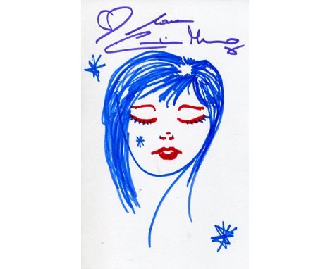 CAROLINE MUNRO ART: 8x5 inch whitecard with self portrait drawn and signed by Bond girl Caroline Munro Good condition. All it