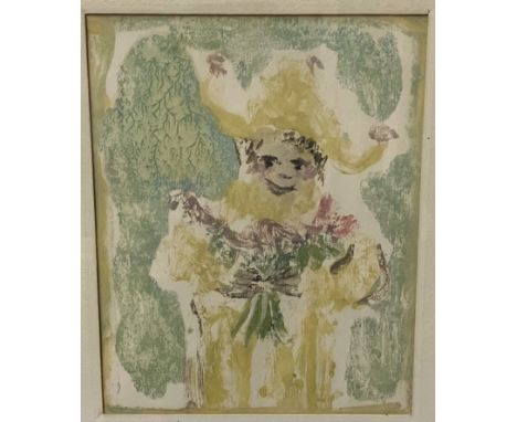 20TH CENTURY SCHOOL "Jester or Pierrot figure in hat holding bouquet of flowers", screen print,  unsigned, inscribed verso "R