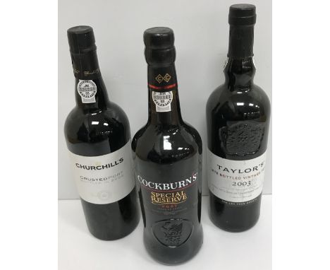 Three bottles of various Port to include Taylor's Late Bottled Vintage Port 2003, bottled 2009, Churchills Crusted Port bottl