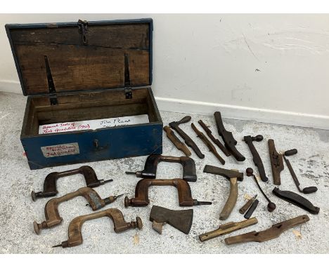 A painted pine tool chest and contents of tools, once the property of Jack Goodchild of Naphill, High Wycombe, aka "The Naphi