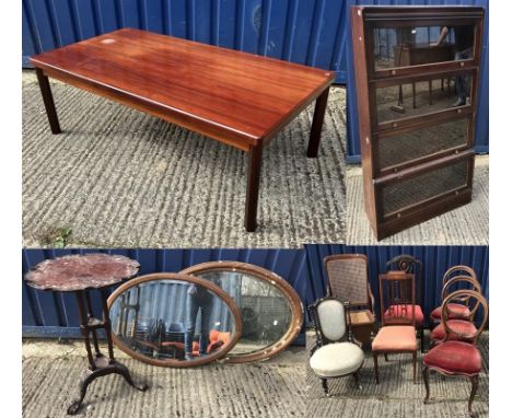 A collection of various furniture to include a reproduction mahogany two drawer side table, three Victorian balloon back dini